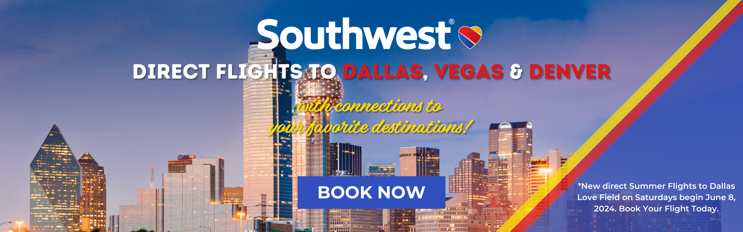 Southwest airlines full page slider to Dallas, Vegas, and Denver